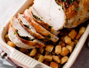 One Pan Roast Turkey with Maple Croutons