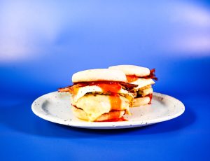 English muffin with maple glazed bacon and maple hot ketchup